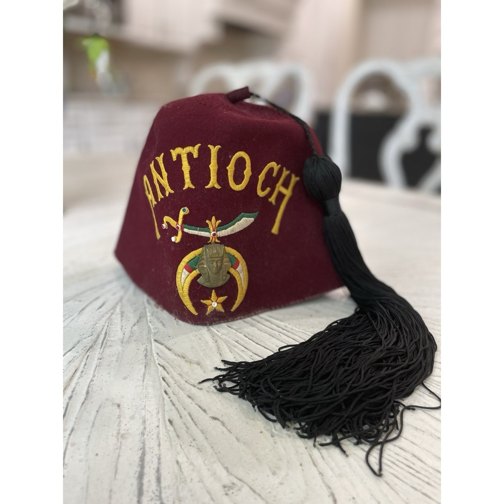 Vintage Velvet Bejeweled Masonic Shriners Antioch Fez Hat with Tassel Crown Cap
